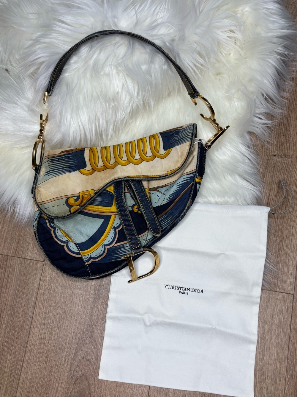💙 RARE✨ Dior Blue Saddle Satin Chain Print Bag - Picture 15 of 17